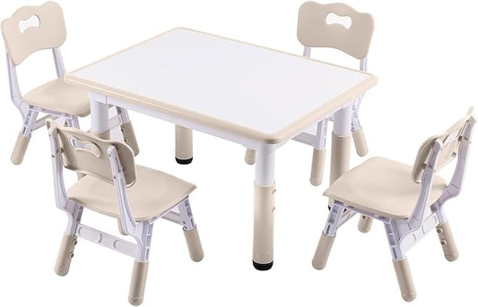 Height-Adjustable Kids Table and 4 Chairs Set, Toddler Table and Chair Set with Graffiti Desktop, 31.5''L x 23.6''W Children Activity Table for Daycare, Classroom, Home