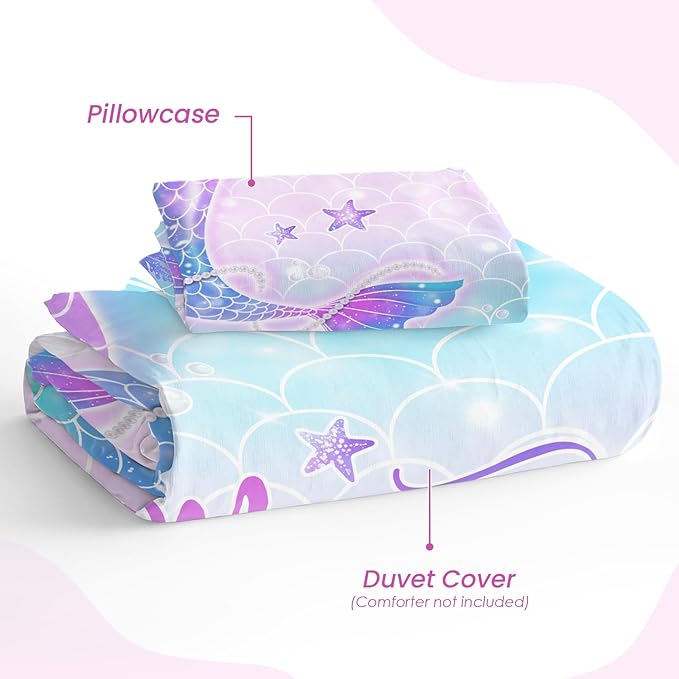 SANDJEST Mermaid Duvet Cover Sets Twin Size for Kids Girls, Include 1 Polyester Comforter Cover 68x86 Inches and 1 Pillowcase 20x26 Inches, Comforter Not Included, Gift for Christmas Birthday