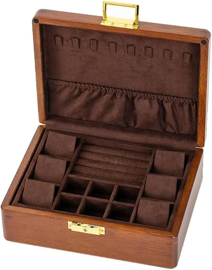 Bescott 2 Layer Solid Wooden Jewelry Box with Lock and Key for Women Men Vintage Velvet Wood Jewelry Organizer Storage for Earrings Rings Necklaces Bracelet Watch Mother’s Day Gift