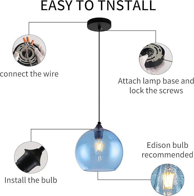 Blue Pendant Lights Kitchen Island Lighting Modern Globe Hand Blown Glass Pendant Light Ceiling Hanging Light fixtures for Kitchen Island Bedroom Living Dining Room Light Fixture,7.8in 2Pack