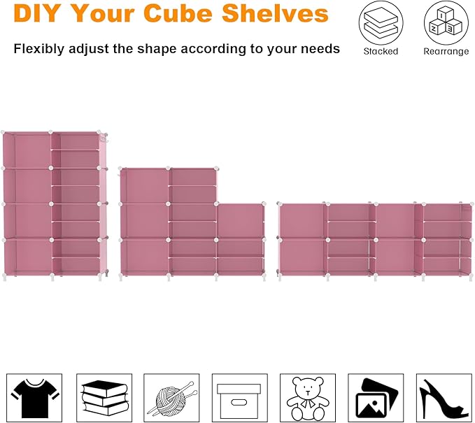 AWTATOS Closet Organizer 8 Cube Storage Shelves Clothes Organizers Closet Storage Stackable Cubby Shelving for Closet Bedroom Living Room Pink