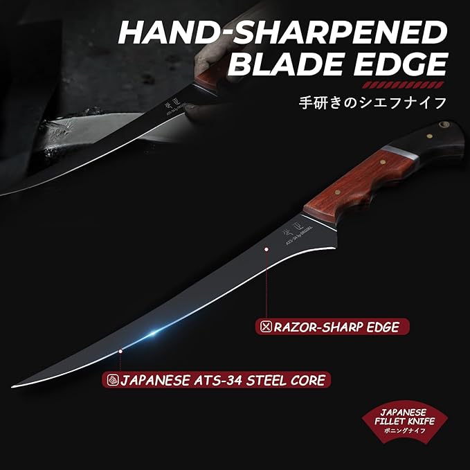 Fish Fillet Knife 7inch - Black Meat Slicing Knife in High Carbon Steel, Boning Knives for Meat Poultry Chicken Trimming, Fish Knives with Wooden Handle, Gift for Men