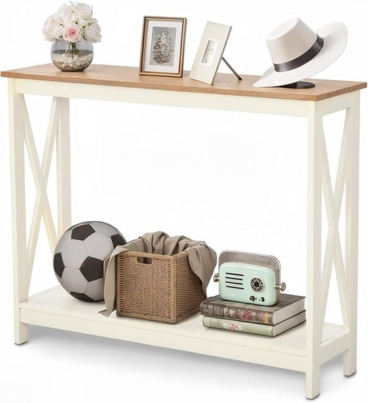 GREEN PARTY Vintage Farmhouse Entryway Console Table, 2-Tier Narrow Sofa Table with Storage Shelf for Living Room and Hallway, Rustic White Accent Furniture with Sturdy X-Shaped Legs