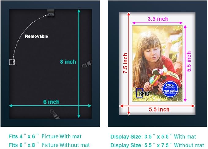 RPJC 6x8 inch Picture Frame Made of Solid Wood and High Definition Glass Display Pictures 4x6 with Mat or 6x8 Without Mat for Wall Mounting Photo Frame Jazz Blue