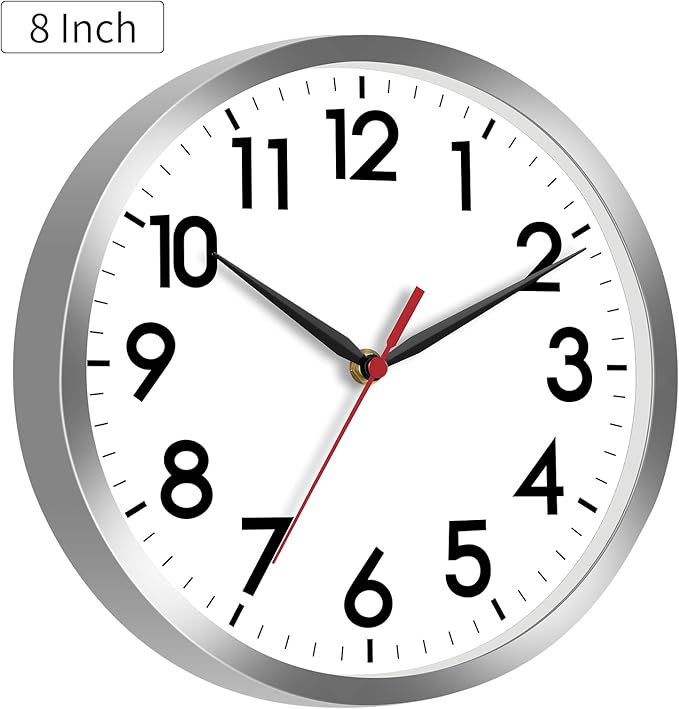 AKCISOT Wall Clock, Modern Small Wall Clocks Battery Operated 8 Inch, Silent Non-Ticking Analog Classic for Office, Home, Bathroom, Kitchen, Bedroom, School(Silver)