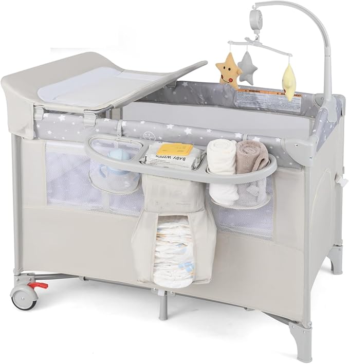 BABY JOY 5-in-1 Pack and Play, Portable Baby Bedside Sleeper with Bassinet, U-Shaped Diaper Changer, Safety Strap, Side Zipper Entrance, Hangings, Bedside Crib Playard from Newborn to Toddlers (Beige)