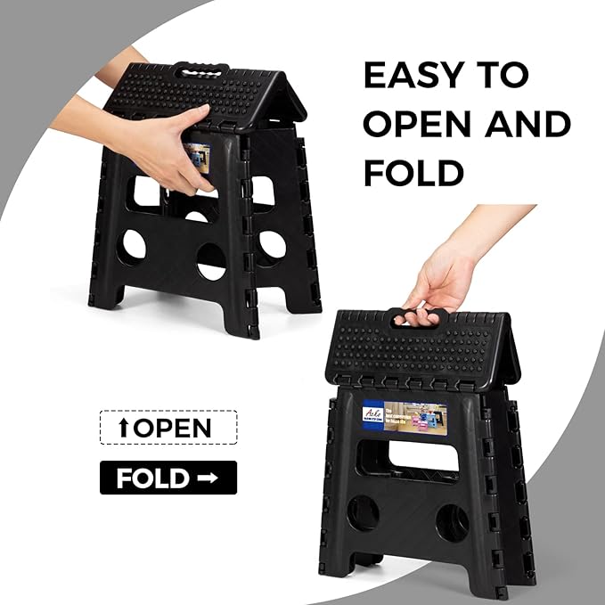ACKO Folding Step Stool 13 inch Height Premium Heavy Duty Foldable Step Stools for Adults and Kids, Kitchen Plastic Small Collapsible Stepping Stool Hold Up to 300 LB Dot Black (1 Pack)