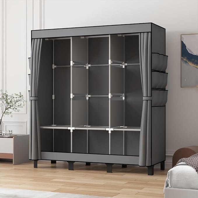 Portable Closet, Clothes Storage Box, Simple Wardrobe for Hanging Clothes, Multiple Shelves and 3 booms,6 Side Pockets (Grey) (Grey, Large)