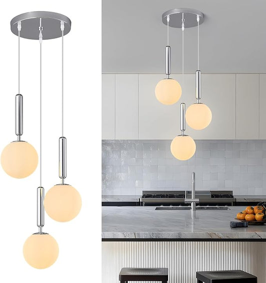 Modern Chrome Pendant Light Hanging Fixture Light for Kitchen Island Mid Century with Globe Pendant Light Milk White Glass Pendant Lighting for Living Room Bedroom Entryway (3 Lights)