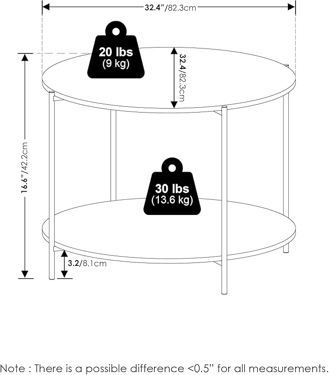 Furinno Besi 2-Tier Modern Round Coffee Table Table with Sturdy Metal Legs, White/Black
