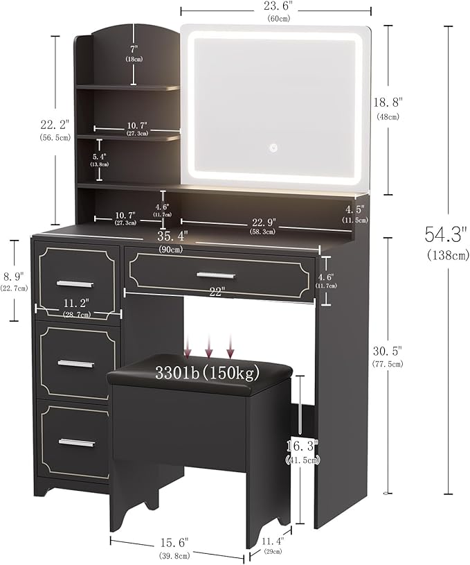 Vanity Table with LED Mirror & Power Outlet - 5 Open Shelves, 4 Drawers - Includes Padded Stool - Ideal Bedroom Makeup Dressing Table （Black）