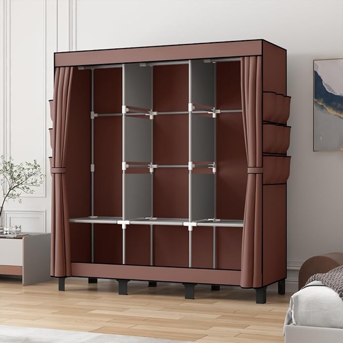 Portable Wardrobe, Clothes Organizer, Easy Hanger Wardrobe, Multiple Dividers and 3 Drawers, 6 Side Pockets Large Capacity (Coffee)