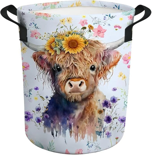 Highland Cow Laundry Basket Nursery Baby Hamper Western Room Decor Funny Tote Bag for Teen Boy Girl Gift 17.7"x13.7"