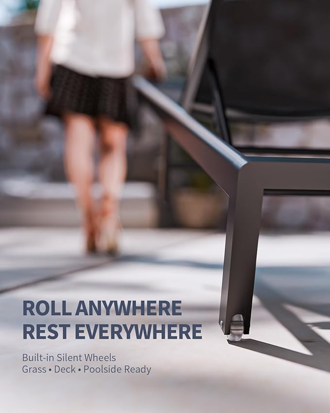 Aluminum Lounge Chairs Outdoor Chaise Furniture,2 Sets Patio Metal Deck Lounger Adjustable 5-Position Poolside Chase Recliner with Wheels for Beach,Coffee Table, (Black, 2 Chairs + Table)