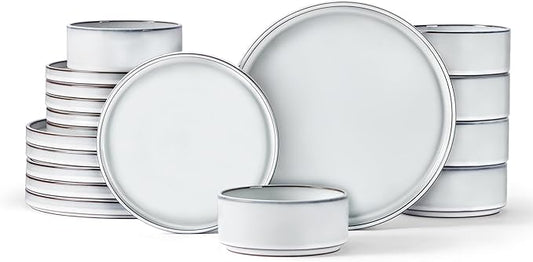 LIANYU 18 Piece Dinnerware Sets for 6, Stoneware Dinner Plates and Bowls Set, Dishware Dish for Home Kitchen Dining, Rustic Terracotta Bottom, Dishwasher & Microwave Safe, Lucent White