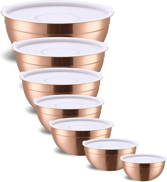 Rose Gold Mixing Bowls With Airtight Lids,Stainless Steel Bowl,Salad Bowls 7 Piece Colorful Nesting Bowl Rose Gold Kitchen Accessories,Size 7,3.6,2.7,2.1,1.5,1.1,0.8QT Stackable Design