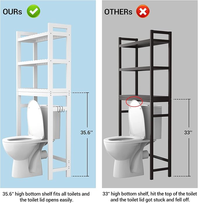Homykic Over The Toilet Storage, Bamboo Over Toilet Bathroom Organizer Rack, Freestanding Bathroom Shelves Above Toilet Storage with 3 Hooks, Bathroom Space Saver, No Rust, Easy to Assemble, White