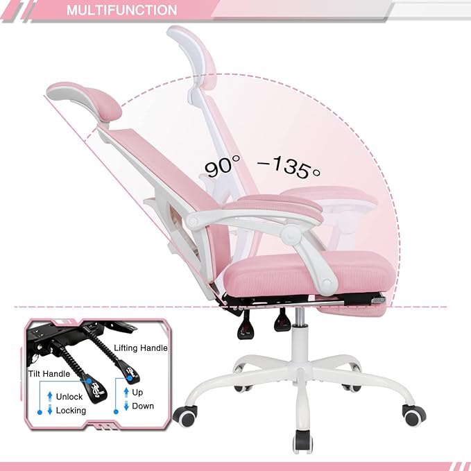 Qulomvs Mesh Ergonomic Office Task Chair with Footrest, Headrest and Backrest 90-135 Adjustable Computer Executive Home Desk Chair with Wheels 360 Swivel