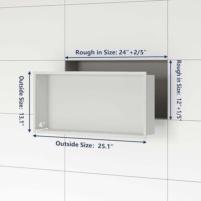 Stainless Steel Shower Niche 24" X 12", No Tile Needed Wall Niche, Recessed Shower Shelf for Bathroom Storage, Matte White