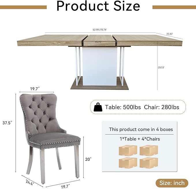 Goujxcy 78.7" Farmhouse Extendable Dining Room Table Set for 4, 5-Piece Rectangle Kitchen Dining Room Table Set with Wood Base and 4 Grey Velvet Dining Chairs, Extending Kitchen & Dining Table Set