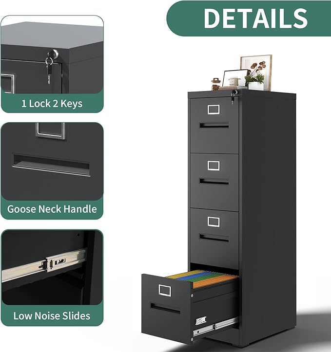4 Drawer Vertical File Cabinet Home Office Metal Filing Cabinet, D17.7 Locking File Cabinets with Keys, Anti-Tilt Design, Steel Drawer Cabinet for A4/Legal/Letter,Need Assemble (Black)