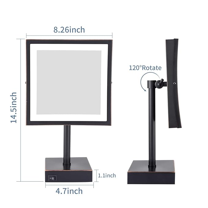 DOWRY Tabletop LED Lighted 5X Magnifying Square Makeup Mirror with Plug,8 Inch, Polished Oil Rubbed Bronze Finished