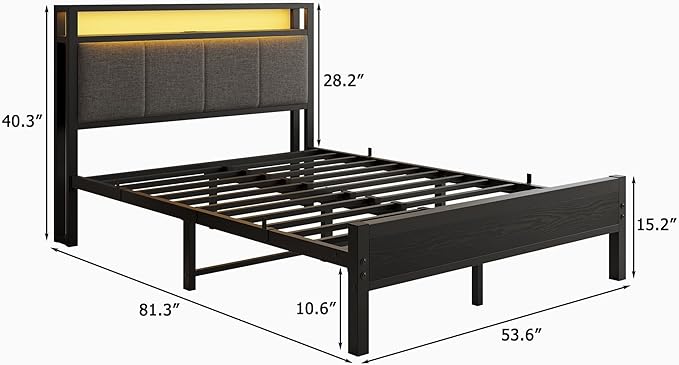 Full Size Bed Frame with LED Lights, Upholstered Headboard with Storage Shelves&Charging Station, Heavy Duty LED Bed Frame Full Mattress Foundation No Box Spring Needed, Noise Free,Grey