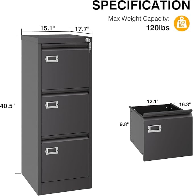 3 Drawer File Cabinet with Lock, Metal Filing Cabinets, Vertical Small Filing Cabinet Steel Lockable Storage Cabinets for Home Office to Organization Hanging Letter/Legal/F4/A4
