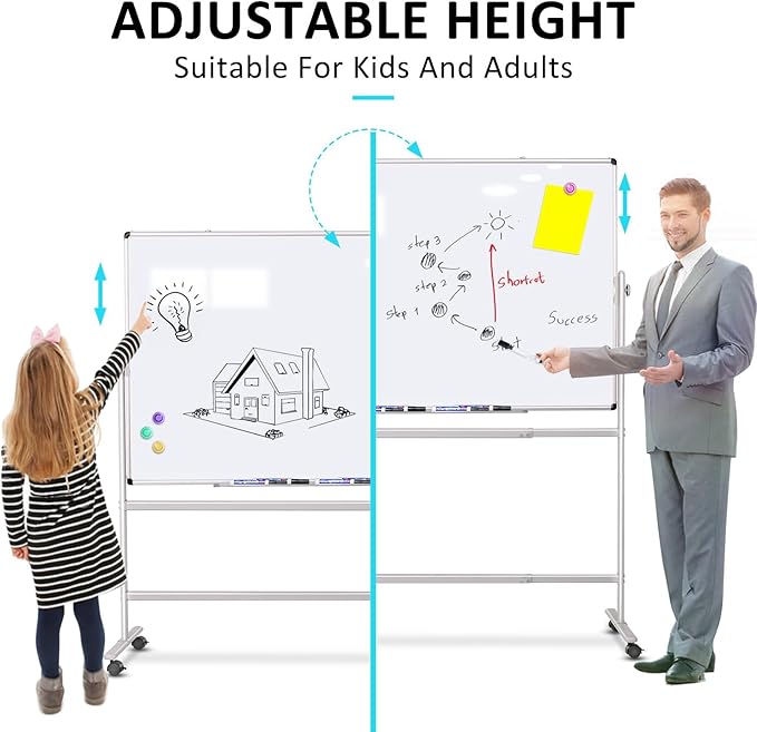 Large Rolling White Board 48x36 in, Dry Erase Board with Stand, Double-Sided Magnetic Mobile Whiteboard, Height-Adjustable for Office Classroom and Home
