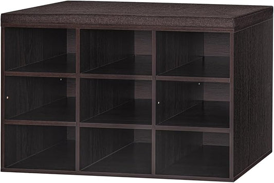 DINZI LVJ Shoe Bench, 9 Cubbies Shoe Organizer for Entryway, Storage Bench with Cushion, Cubby Shoe Rack with Adjustable Shelves for Living Room, Bedroom, Mudroom, Hallway, Espresso