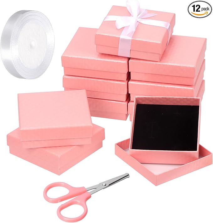 Glarks 12pcs Pink 9 x 9 x 3CM Jewelry Gift Boxes with Pink Scissors and 1.5 x 225CM White Polyester Ribbon Set, Diamond Pattern Necklace Earring Bracelet Boxes Gift Case Ideal