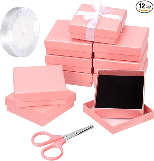 Glarks 12pcs Pink 9 x 9 x 3CM Jewelry Gift Boxes with Pink Scissors and 1.5 x 225CM White Polyester Ribbon Set, Diamond Pattern Necklace Earring Bracelet Boxes Gift Case Ideal