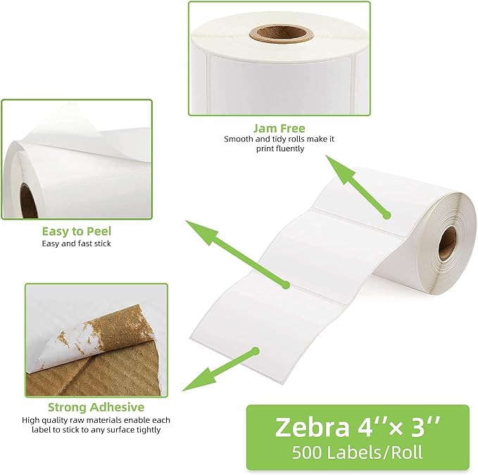 4" x 3" Direct Thermal Labels, Thermal Printer Labels for Shipping Address Barcodes, Thermal Stickers Compatible with Zebra, Rollo, Munbyn Thermal Labels Printers (12 Rolls, 500 Labels/Roll)