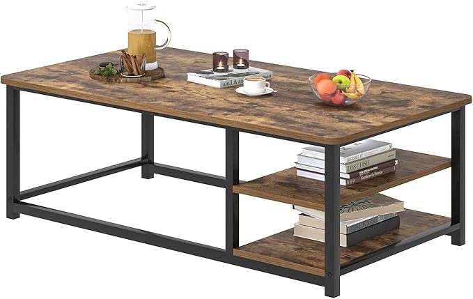 EXCEFUR Modern Coffee Table, Rustic Wood and Metal Living Room Table with Storage Shelf, Industrial Brown, 47 Inch