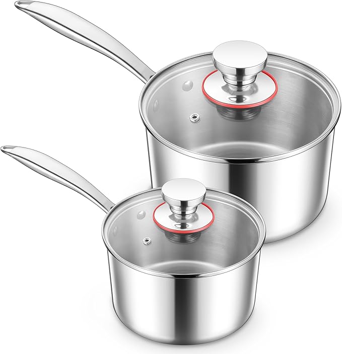 E-far Triply Stainless Steel Saucepan Set, 1Qt & 3 Qt Sauce Pan Pot with Lid for Cooking Pasta Warming Milk Boiling Water, Small Metal Cookware for Kitchen, Induction Ready & Heavy Duty