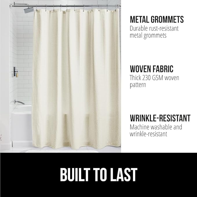 GORILLA GRIP Waffle Shower Curtain, Thick Weighted Fabric, 72x78, Wrinkle and Rust Resistant, Hotel Quality Design, Heavy Duty Long Curtains for Bathroom Showers, Bath Tubs, Machine Wash Ivory Cream