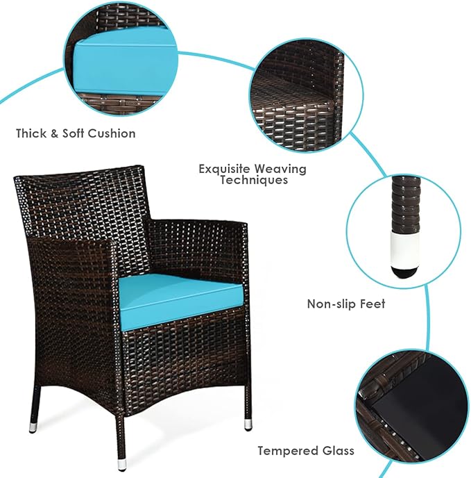 Goplus 4-Piece Rattan Patio Set, Outdoor/Indoor Wicker Conversation Set for Pool, Backyard, Lawn, Wicker Chairs and Sofa with Soft Cushion, Rattan Furniture with Tempered Glass Coffee Table