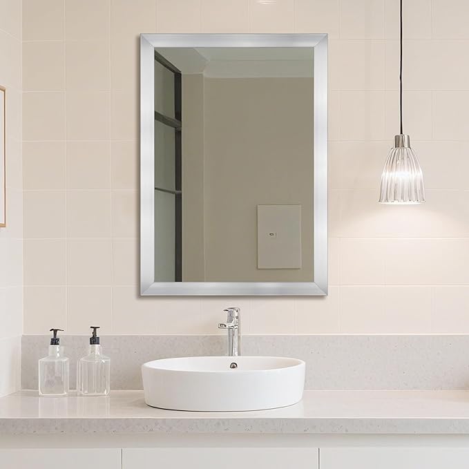 Ruomeng Bathroom Mirror 24" x 36" Rectangular Wall Mirror for Over Sink Feamed Mirror for Entryway, Bedroom, Living Room, Nickel