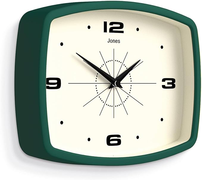 JONES CLOCKS® Movie Wall Clock | Rectangular Retro Clock | 10 inch | Dark Green | Cool mid-Century Designer Look for Kitchen, Living Room or Office
