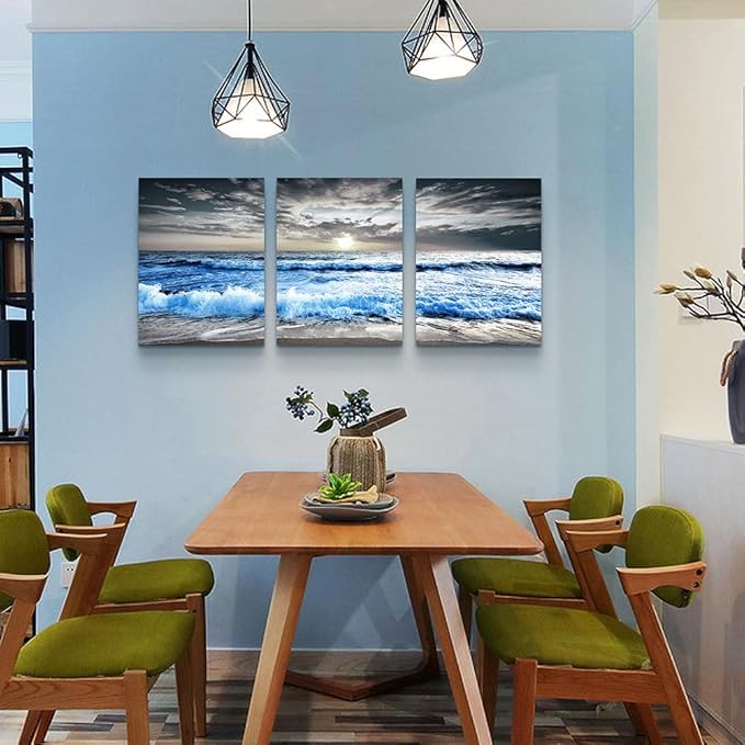 MHARTK66 Black and White Wall Art For Living Room Blue sea waves Canvas Wall Decor for Home Decor artwork painting 16" x 24" 3 Pieces Canvas Print For bedroom Decor Modern Salon kitchen Painting
