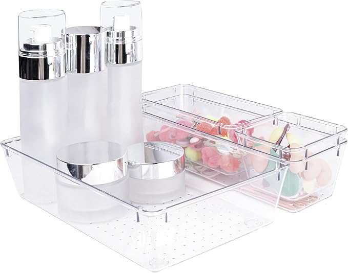4 PCS Clear Plastic Drawer Organizer, Desk Drawer Divider Organizers and Storage Bins for Makeup, Jewelry, Gadgets for Kitchen, Bedroom, Bathroom, Office (9.0"x6.0"x2.2")