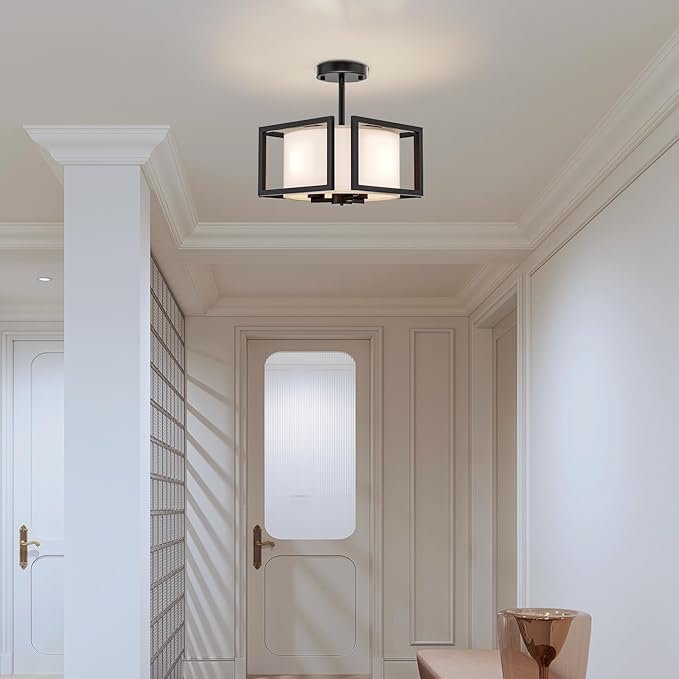 Modern Ceiling Light Fixture - Easric Semi Flush Mount Ceiling Light Industrial Light Fixtures Ceiling Mount with Fabric Shade Black Metal Frame Drum Ceiling Lights for Bedroom,Hallway,Kitchen