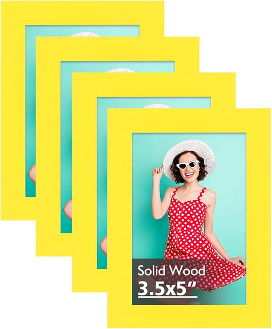 KINLINK 3.5x5 Picture Frames Yellow, Solid Wood Frames with Plexiglass for Table Top and Wall Display, Photo Frames for Horizontal or Vertical Display, 4 Pack