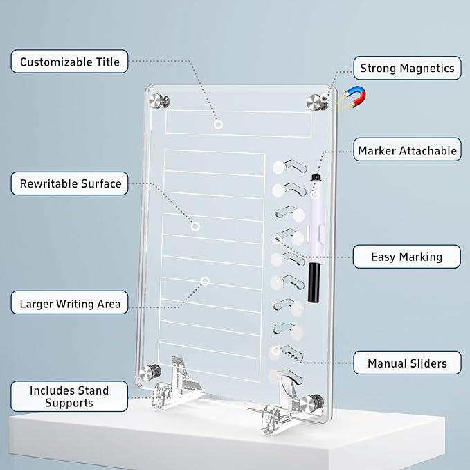 NiHome Acrylic Magnetic to Do List Planning Board with Sliders & Desktop Stand, Chore Chart for Kids & Adults, Checklist Routine Chart Task Board for Fridge & Desk, for Magnetic Metal Surfaces Only
