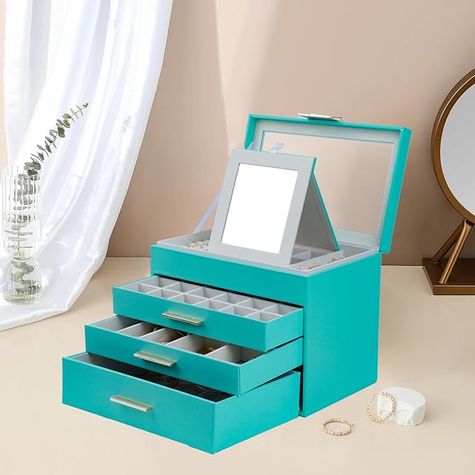 BOOVO Jewelry Boxes for Women, White and Black 4 Layer Glass Lids Jewelry Box for Necklace, Bracelet, Earrings, Rings Storage, Jewelry holder Organizer for Girls Gift (Turquoise, 4 layer)