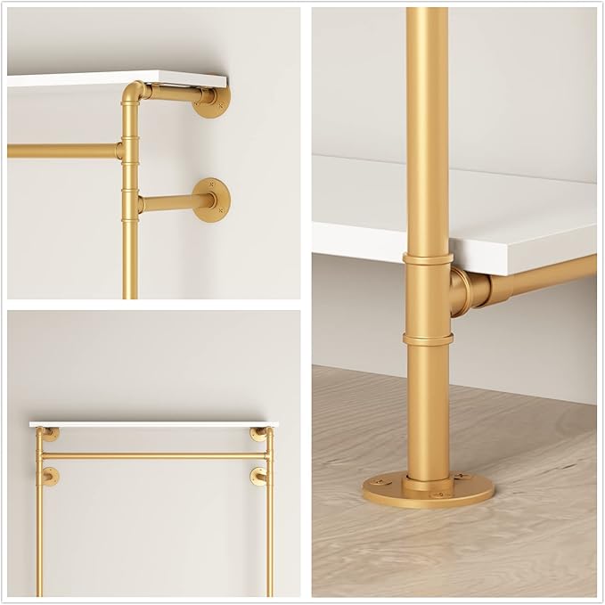 Gold Wall Clothing Racks with White Shelves, Wall Mounted Gold Clothes Rack for Hanging Rods，Heavy Duty Industrial Pipe Clothing Racks With Shelves Retail Display Garment Rack for Home