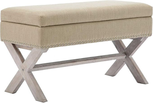 chairus Fabric Upholstered Storage Entryway Bench, 36 inch Bedroom Bench Seat with X-Shaped Wood Legs for Living Room, Foyer or Hallway - Beige