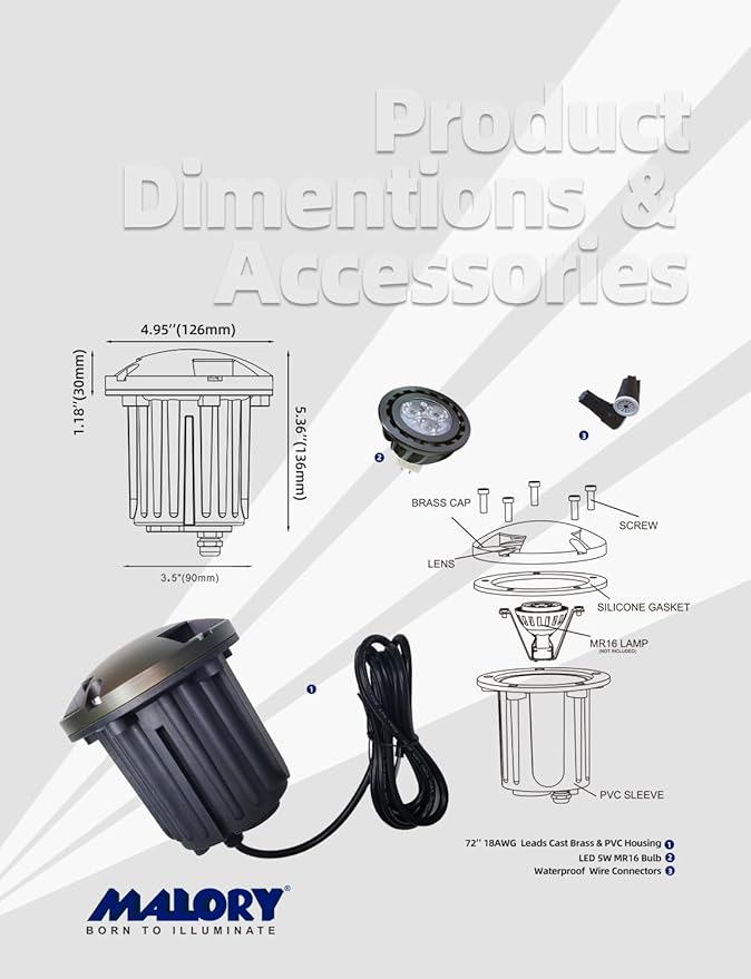 MALORY Brass Top Cover Landscape Well Lights,(5''H) 12V Low Voltage Outdoor In Ground Lights,Landscape Lighting for Pathway, Driveway and Garden (Three-Direction Turret, 10-Pack with Bulb)