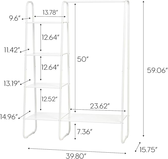 IRIS USA Clothes Rack, 4 Metal Shelves, Freestanding Clothing Stand For Hanging Clothes, Coat, Deco Plants, Easy Assemble, Metal Sturdy Garment Bar, Closet Wardrobe Small Space Storage, White
