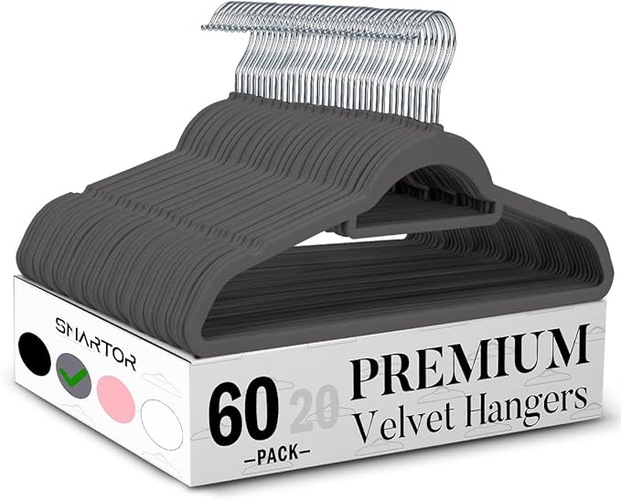 Smartor Grey Velvet Hangers 60 Pack, Space Saving Clothes Hangers with Tie Bar, Non-Slip Felt Hangers with Shoulder Notches, Heavy Duty Suit Hangers for Coat, Shirt, Pants, Dress